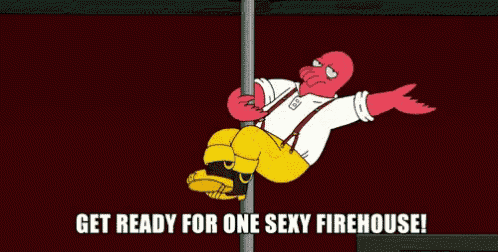 a cartoon of a fireman on a pole with the caption get ready for one sexy firehouse