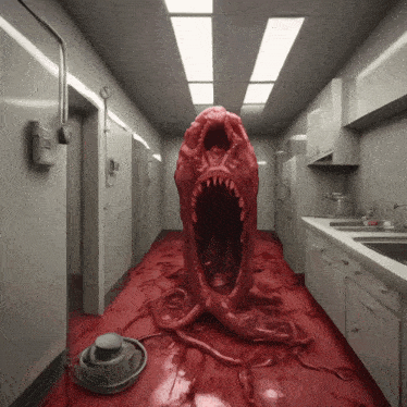 a statue of a monster with its mouth wide open is in a kitchen