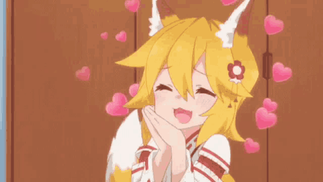 a girl with a tail and ears is surrounded by pink hearts and making a face .