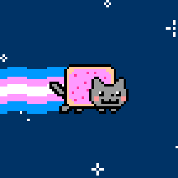 a pixel art drawing of a cat with a pink toaster on its back