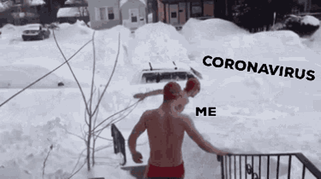 a couple of men are standing in the snow and talking about coronavirus .