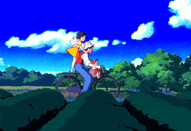 a cartoon of a man riding a bike with a girl on his back