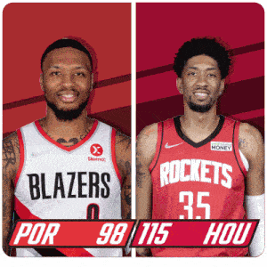 two basketball players from the blazers and the rockets are standing next to each other