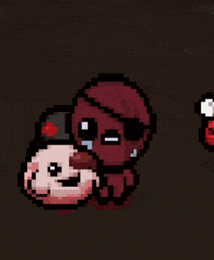 a pixel art drawing of a cartoon character with a skull on his head