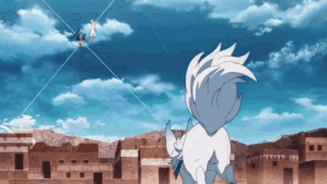 a cartoon character is standing in front of a city with a blue sky in the background