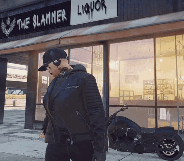 a man standing in front of a liquor store called the slammer