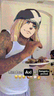 a man holding a plate of food with random axl at sengoku period written below him