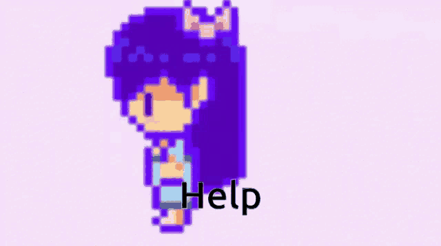 a pixel art drawing of a purple monster with the word help written below it .