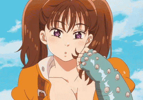 a girl with purple eyes is holding a glove in her hand