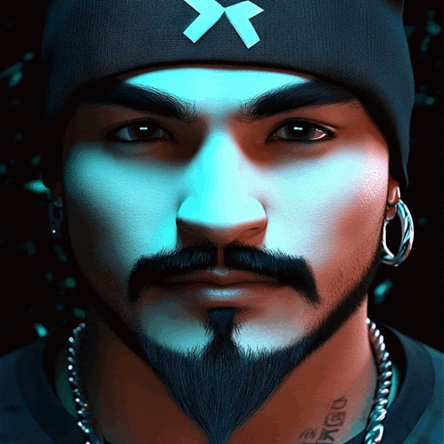 a man with a beard is wearing a black hat with an x on it