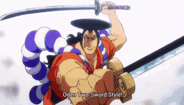 a cartoon of a man holding a sword with the words oden two-sword style below him