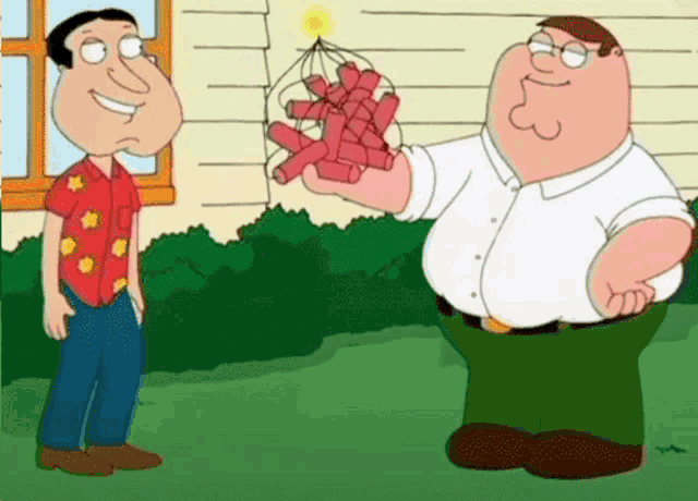 peter griffin is holding a bunch of fireworks in his hands