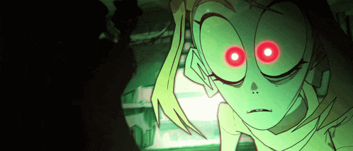 a cartoon character with glowing red eyes is looking at the camera