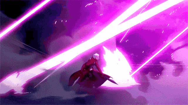a man in a red coat is flying through the air with a purple light behind him