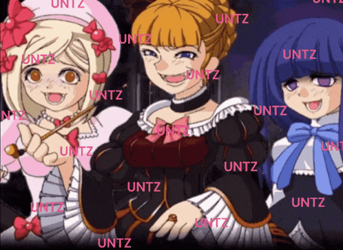 a group of anime girls with the word untz around them