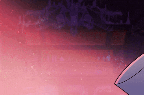 a cartoon character is standing in front of a purple and pink background