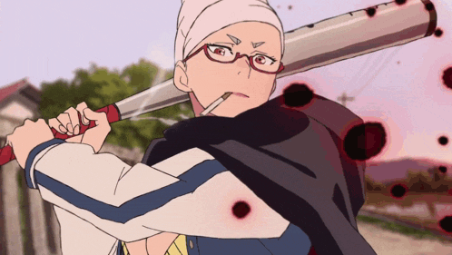 a man with glasses is holding a bat and a cigarette in his mouth