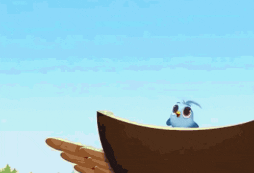 a cartoon bird with big eyes and a yellow beak is flying in the air
