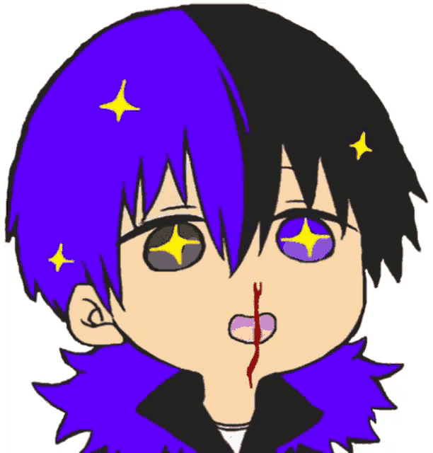 a drawing of a person with blue hair and purple eyes