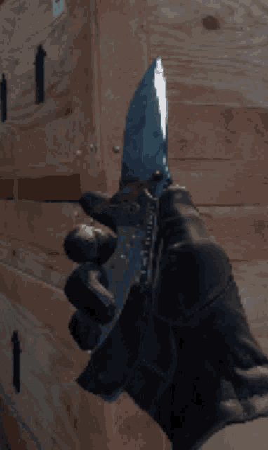 a person wearing black gloves holds a blue knife