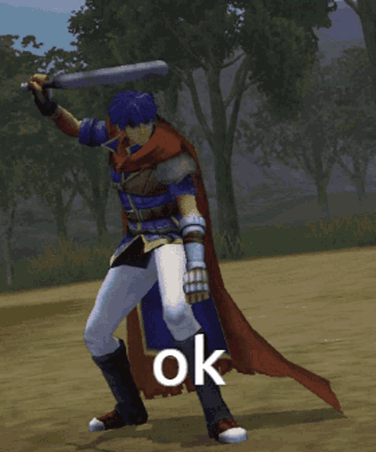 a video game character is holding a bat and the word ok is below him