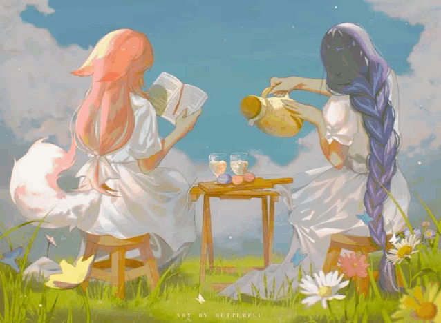 a painting of two girls sitting in the grass with the word art on the bottom right