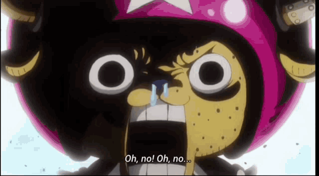 a cartoon character with a pink helmet is crying and says oh no oh no