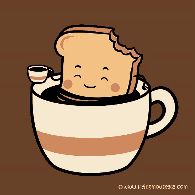 an illustration of a slice of toast in a cup of coffee