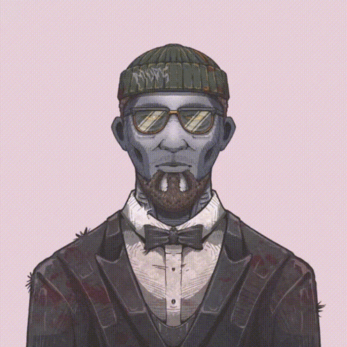 a drawing of a man in a tuxedo with the word gm on the bottom right