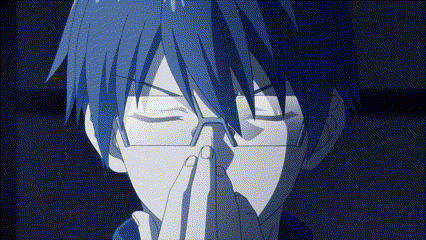 a man with blue hair and glasses is praying with his hands together