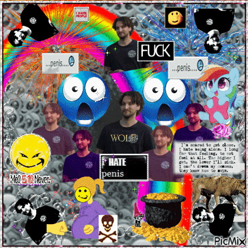 a man in a wolf shirt is surrounded by a bunch of other images