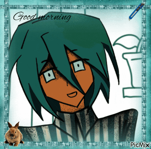 a picture of a boy with green hair and the words good morning on the bottom
