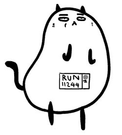 a black and white drawing of a cat with a run 11244 sign on its back