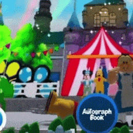 a cartoon drawing of a carnival with a sign that says autograph book