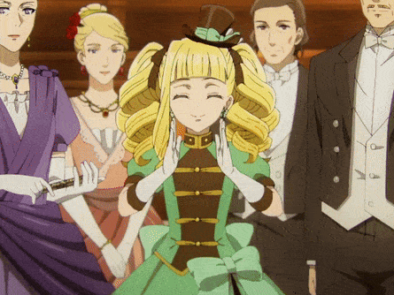 a girl in a green dress and top hat is surrounded by other people