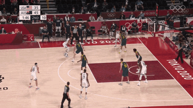 a basketball game is being played on a court that says tokyo 2020