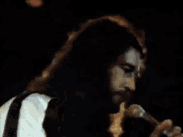 a man with long hair and a beard is singing into a microphone on a stage .