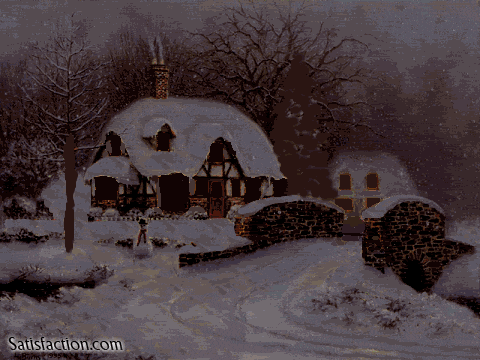 a painting of a house in the snow with the website satisfaction.com written below it