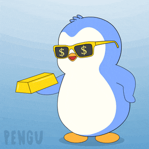 a penguin wearing sunglasses and holding a gold bar with the word pengu on the bottom