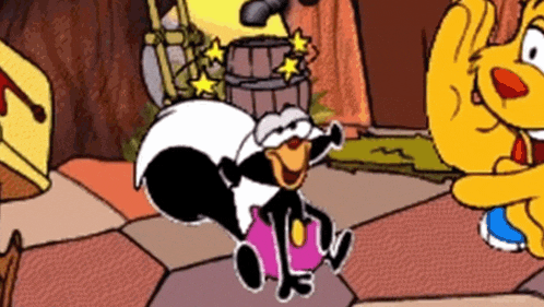 a skunk is sitting on a pink ball in a cartoon scene
