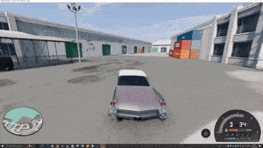 a computer screen shows a car in a parking lot and the speedometer reads 34 mph