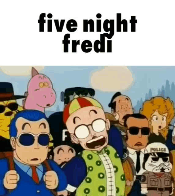 a group of cartoon characters are standing next to each other and the words five night fredi are written on the bottom .