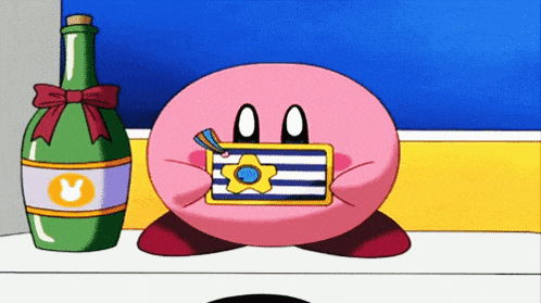 a pink cartoon character holding a purse next to a green bottle