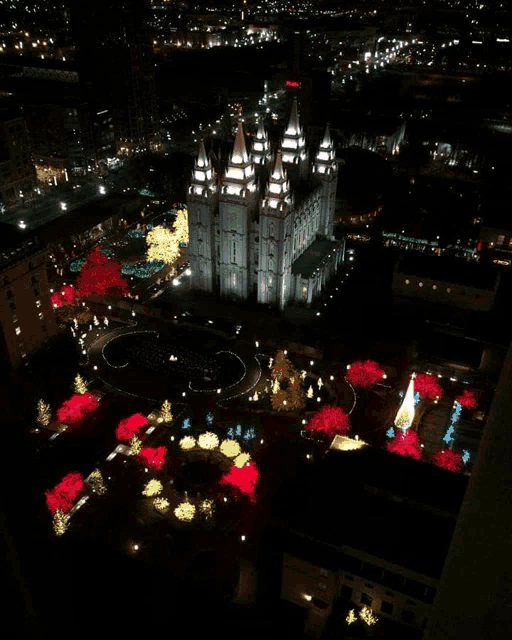 an aerial view of the temple of salt lake at night