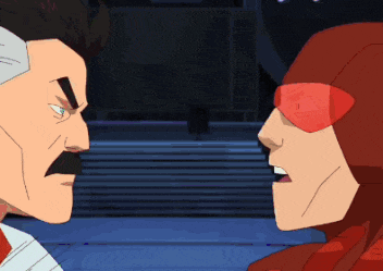 two cartoon characters looking at each other with one wearing a red helmet