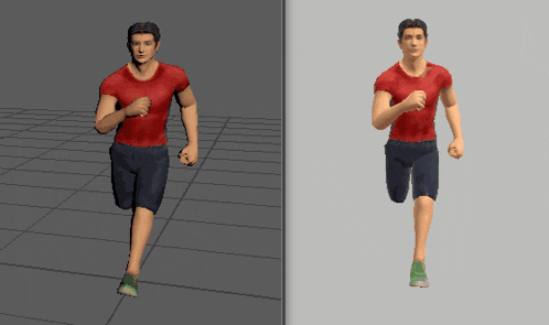 a man in a red shirt and black shorts is running on a tiled floor