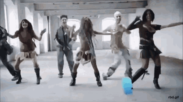 a group of people are dancing in a room with the words rbd.gif written on the bottom