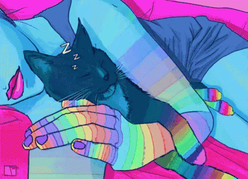 a drawing of a person holding a cat with a rainbow colored socks on