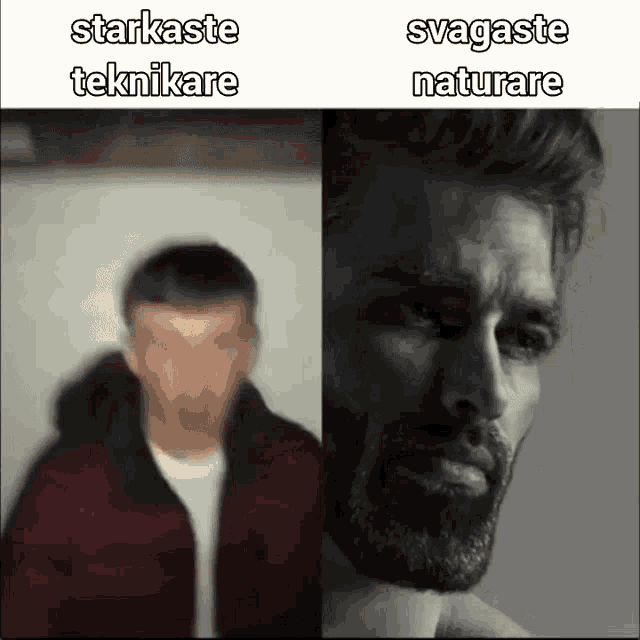 a blurry picture of a man next to a picture of a man with a beard and the words " starkaste teknikare "