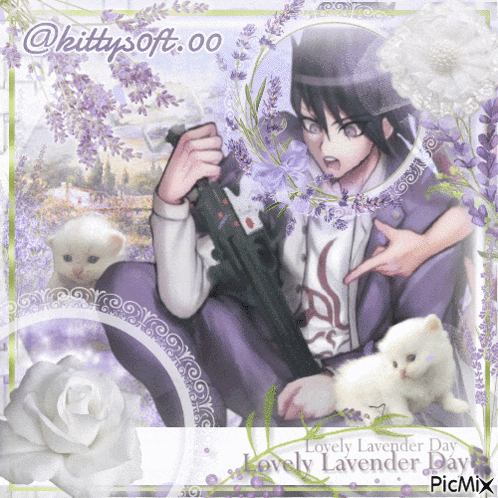 a picture of a boy holding a gun with the words lovely lavender day written on it